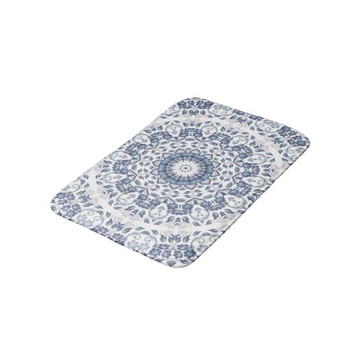 Dusty Blue White Floral Mandala Badmat (Gekanteld)