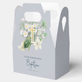 Dusty Blue White Floral Religious Cross Baptisme Bedankdoosjes (Geopend)