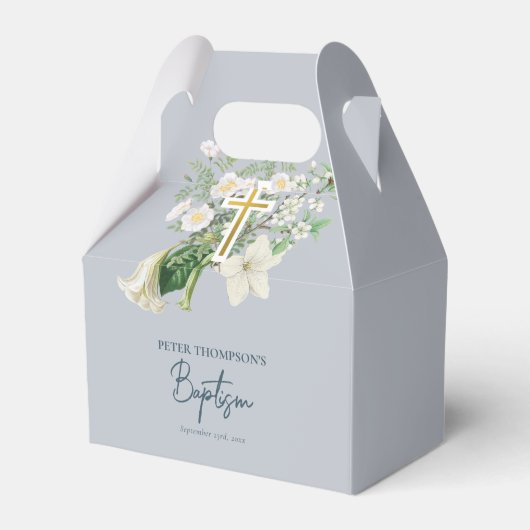 Dusty Blue White Floral Religious Cross Baptisme Bedankdoosjes (Voorkant Zijde)
