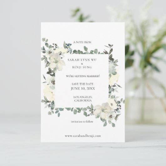 Dusty Blue & White Floral Save the Date w Photo (Staand voorkant)