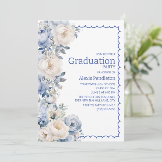 Dusty Blue White Floral Squiggle Lijst Kaart (Staand voorkant)