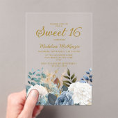 Dusty Blue White Floral Sweet 16 Acryl Uitnodigingen (Insitu (Draagbaar))