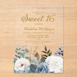 Dusty Blue White Floral Sweet 16 Acryl Uitnodigingen