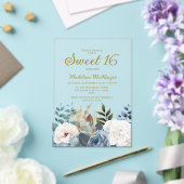 Dusty Blue White Floral Sweet 16 Acryl Uitnodigingen (Insitu (Huwelijk))