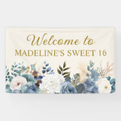 Dusty Blue White Floral Sweet 16 Welkom Spandoek (Horizontaal)