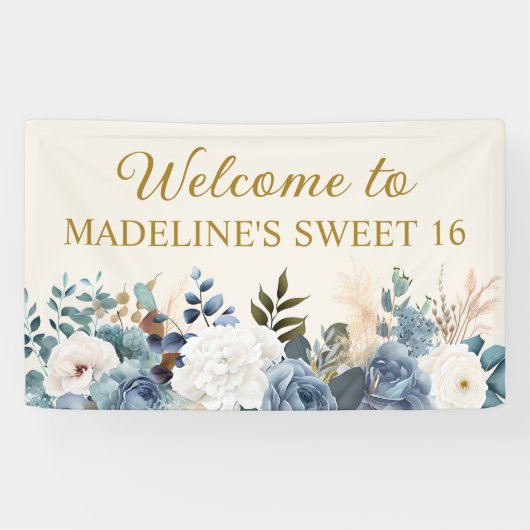 Dusty Blue White Floral Sweet 16 Welkom Spandoek (Horizontaal)