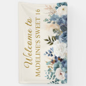 Dusty Blue White Floral Sweet 16 Welkom Spandoek (Verticaal)
