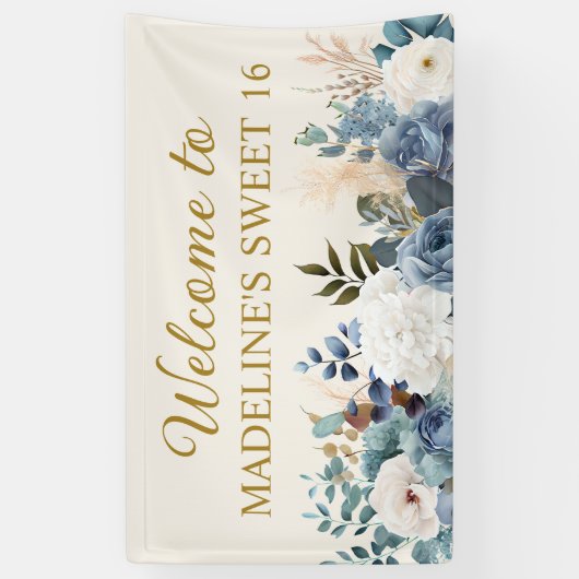 Dusty Blue White Floral Sweet 16 Welkom Spandoek (Verticaal)