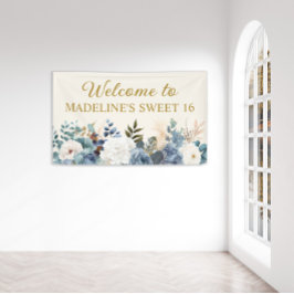 Dusty Blue White Floral Sweet 16 Welkom Spandoek
