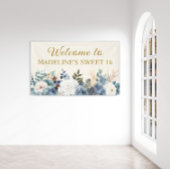 Dusty Blue White Floral Sweet 16 Welkom Spandoek