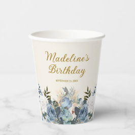 Dusty Blue White Floral Verjaardagsnaam Papieren Bekers
