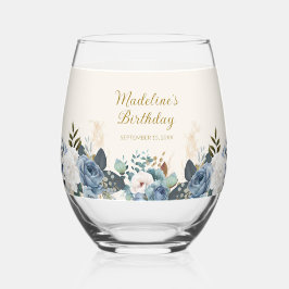 Dusty Blue White Floral Verjaardagsnaam Wijnglas Zonder Voet