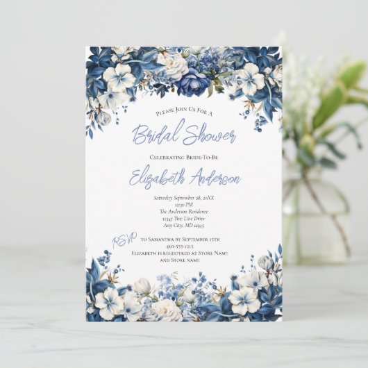 Dusty Blue White Floral Waterverf Vrijgezellenfees Kaart (Staand voorkant)