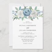 Dusty Blue & White Floral Waterverf Wedding Kaart (Voorkant)