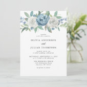 Dusty Blue & White Floral Waterverf Wedding Kaart (Staand voorkant)
