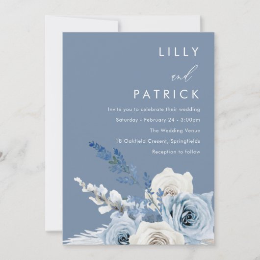 Dusty Blue & White Floral Waterverf Wedding Kaart (Voorkant)