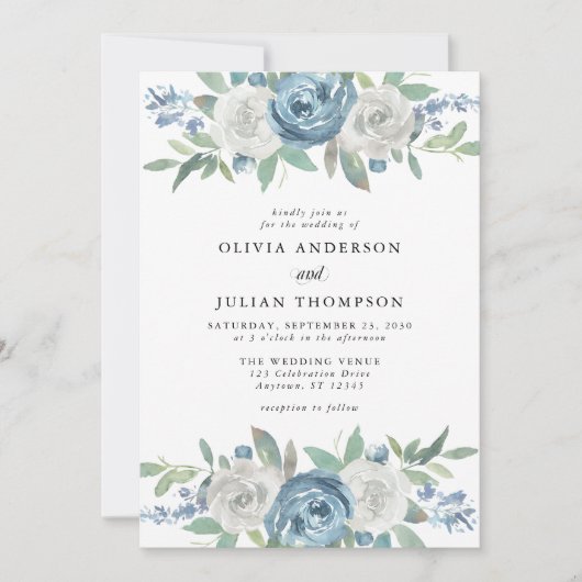 Dusty Blue & White Floral Waterverf Wedding Kaart (Voorkant)