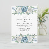 Dusty Blue & White Floral Waterverf Wedding Kaart (Staand voorkant)