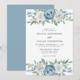 Dusty Blue & White Floral Waterverf Wedding Kaart