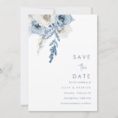 Dusty Blue & White Floral Waterverf Wedding Save The Date (Voorkant)
