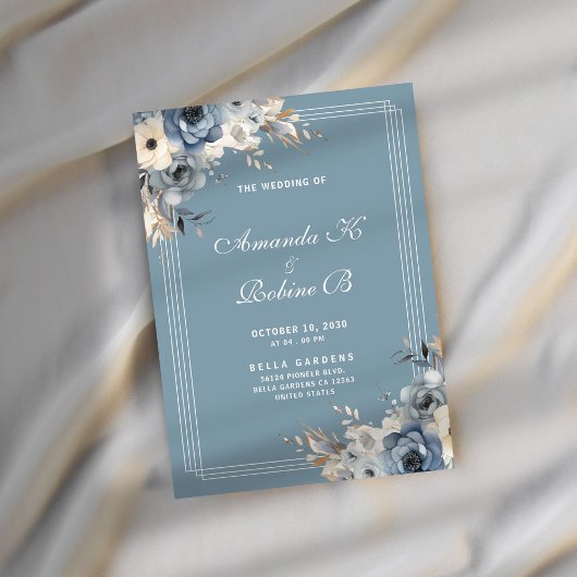 Dusty Blue & White Floral Wedding Invitation Kaart