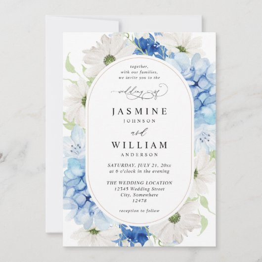Dusty Blue & White Floral Wedding Kaart (Voorkant)