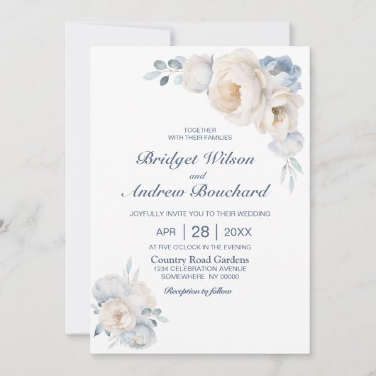 Dusty Blue White Floral Wedding Kaart (Voorkant)
