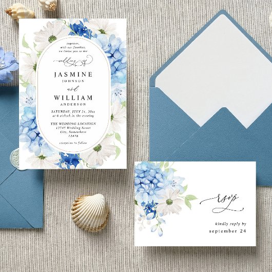 Dusty Blue & White Floral Wedding Kaart