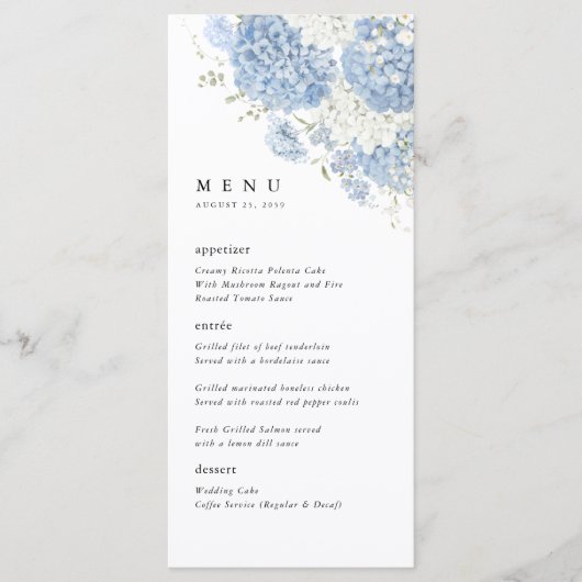Dusty Blue White Floral Wedding Reception Dinner Menu (Voorkant)