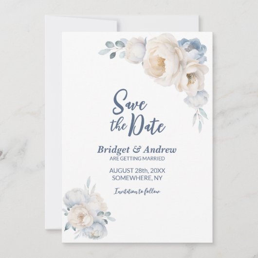 Dusty Blue White Floral Wedding Save The Date (Voorkant)