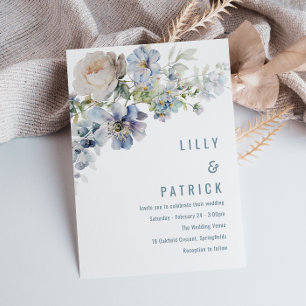 Dusty Blue & White Flowers Elegant Wedding Kaart