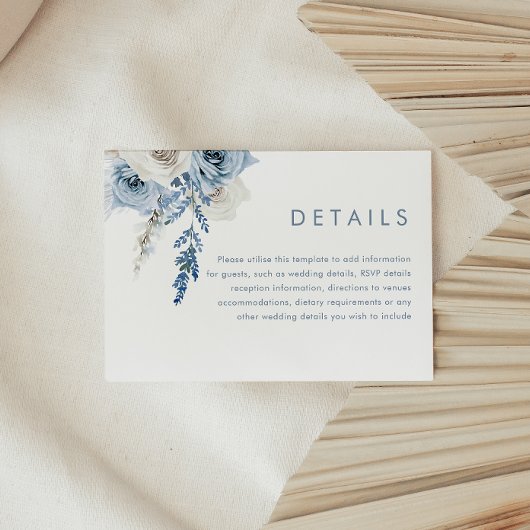 Dusty Blue & White Flowers Weddenschap Details Informatiekaartje