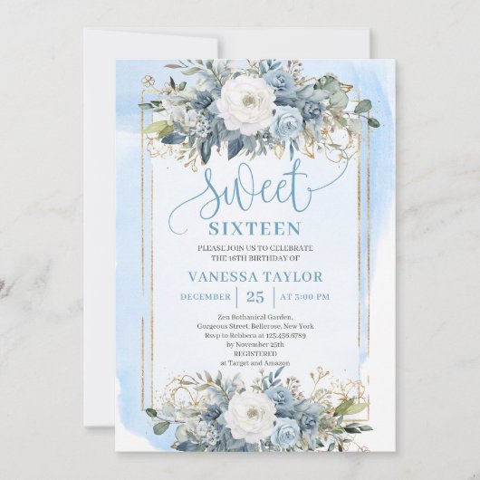  Dusty Blue White Gold Flowers Sweet 16 Kaart (Voorkant)
