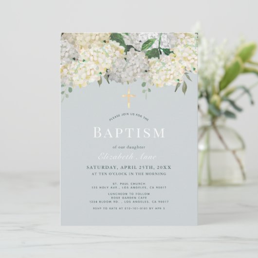 Dusty Blue & White Hydrangea Baptisme Kaart (Staand voorkant)