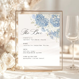 Dusty Blue White Hydrangea Wedding Bar Menu Reclamebord Met Voetstuk
