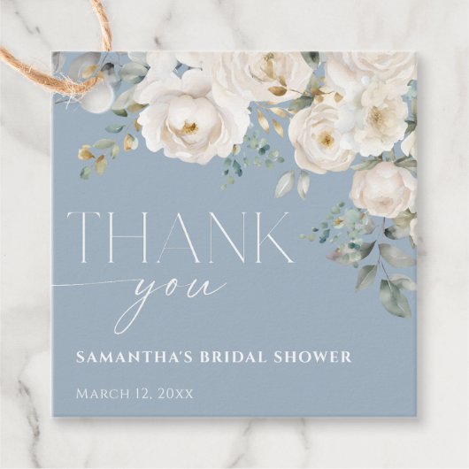 Dusty blue white ivory floral vrijgezellenfeest bedankjes labels (Voorkant)