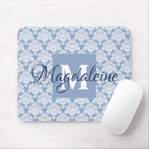 Dusty Blue & White Lacy Damask Monogram & naam Muismat