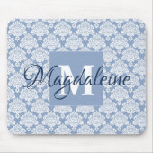 Dusty Blue & White Lacy Damask Monogram & naam Muismat (Voorkant)