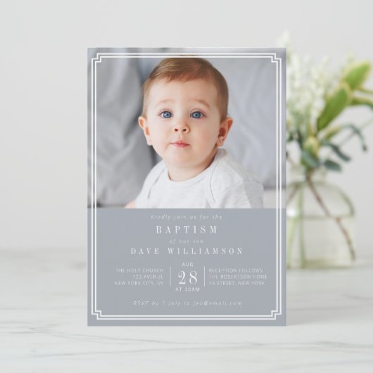 dusty blue white lijst foto baptisme uitnodiging (Staand voorkant)