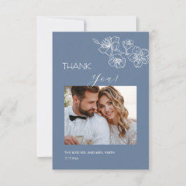 Dusty Blue White Line Art  Flowers Thank You Card Bedankkaart