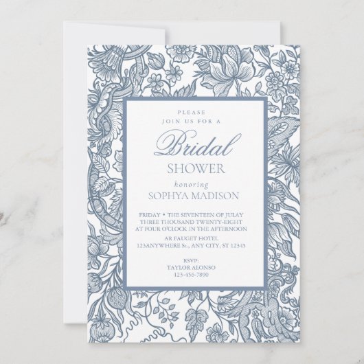 Dusty Blue & White Line Art Wildflower Kaart (Voorkant)