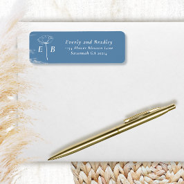 Dusty Blue White Monogram Floral Accent Address Etiket