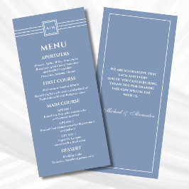 Dusty Blue White Monogram Modern Wedding Menu
