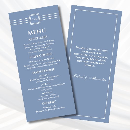 Dusty Blue White Monogram Modern Wedding Menu