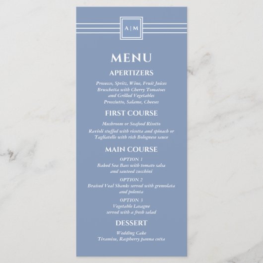 Dusty Blue White Monogram Modern Wedding Menu (Voorkant)