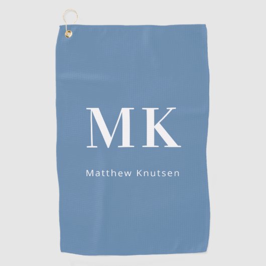 Dusty blue white monogram naam initialen golfhanddoek (Voorkant)