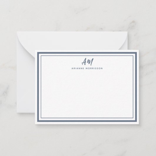 Dusty Blue White Monogram Thin & Thick Border Notitiekaartje (Voorkant)