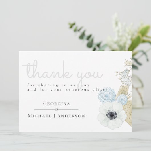 Dusty Blue White Navy Anemone BUDGET Weddenschap Bedankkaart (Staand voorkant)