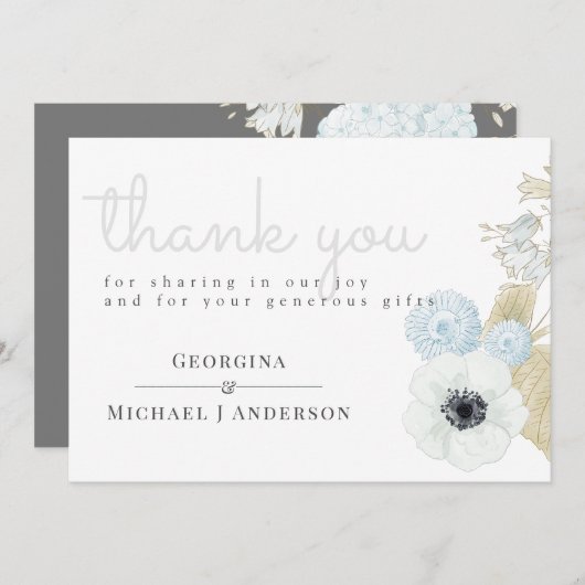 Dusty Blue White Navy Anemone BUDGET Weddenschap Bedankkaart (Voorkant / Achterkant)