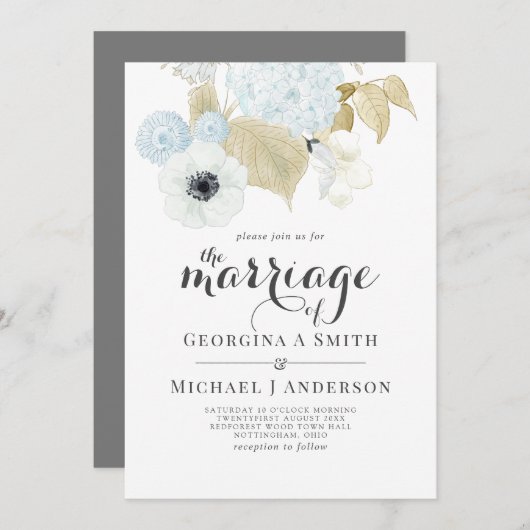 Dusty Blue White Navy Anemone BUDGET Weddenschap Kaart (Voorkant / Achterkant)